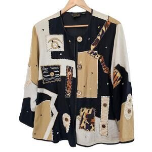 Vintage Allure Blazer Womens Size 1X Black 3D Animal Print 90s Art To Wear Boho